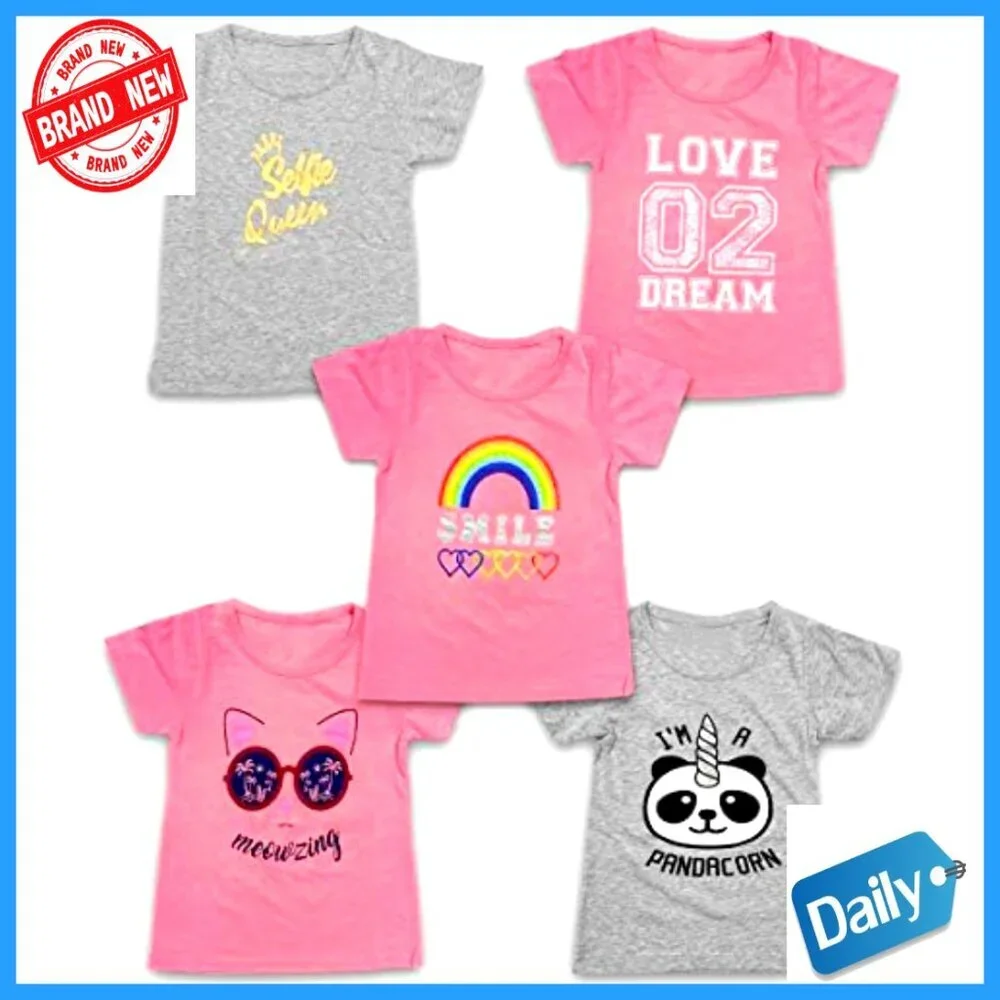 Girls 5-Pack Cotton T-Shirts, Short Sleeve Crew Neck, Size 4-16
